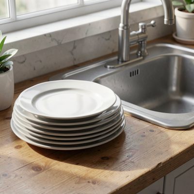 a stack of saucers beside a sink