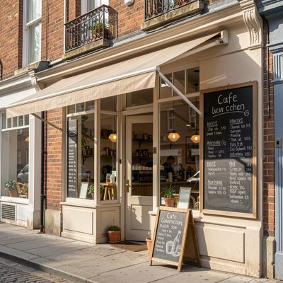 a cafe shopfront with an open sign and awning