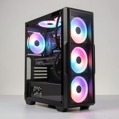 a desktop pc tower with a glass side panel and lit fans