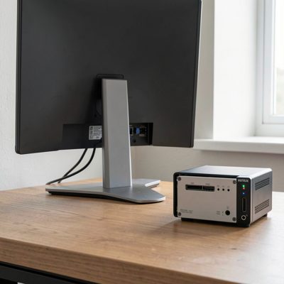 a mini pc beside a monitor stand