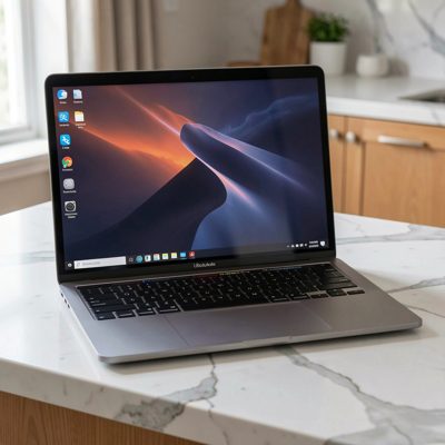 an ultrabook laptop on a marble counter