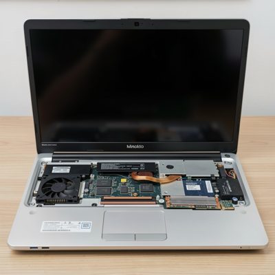 a laptop with the bottom panel removed showing components