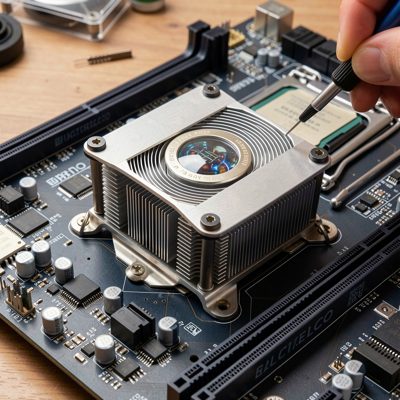 a cpu cooler being fitted to a motherboard