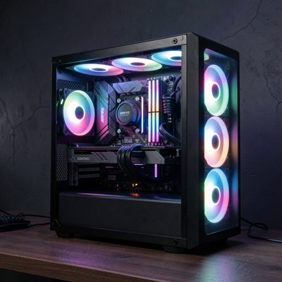 a finished custom pc glowing in a dark room