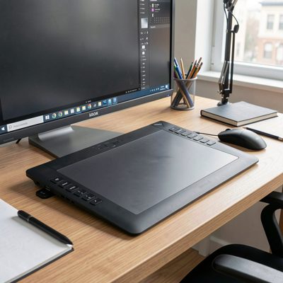a workstation with a drawing tablet and stylus