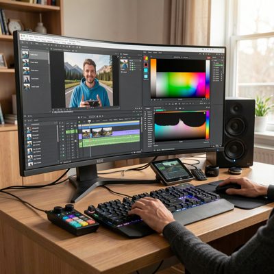 a video editing workstation with a colour grading panel