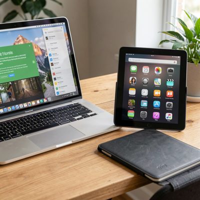 a laptop and a tablet side by side on a desk