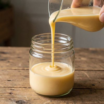 a candle being poured into a glass jar
