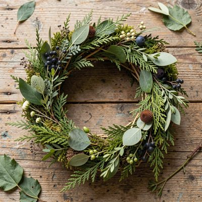 a wreath being made from foraged greenery
