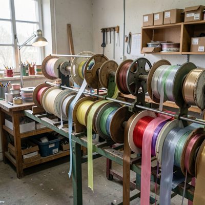 a workroom with reels of ribbon on a rail