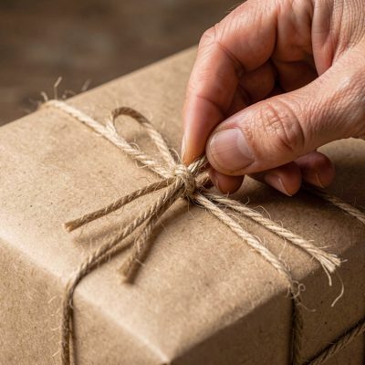 a hand tying a knot in twine on a parcel