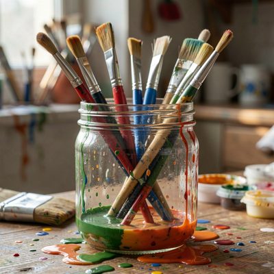 a jar of paint brushes soaking