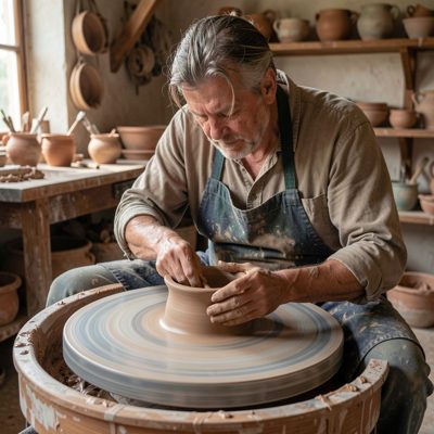 a potter shaping clay on a spinning wheel