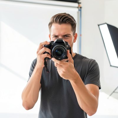 a photographer holding a camera in a bright studio