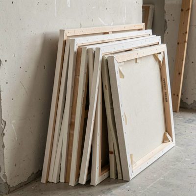 a stack of finished canvases leaning against a wall