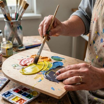 a person mixing oil paint on a wooden palette