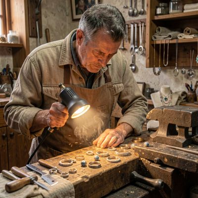a jeweller working at a bench with a torch