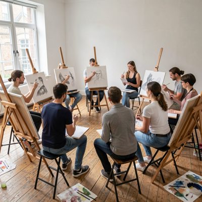 a life drawing class with easels in a circle