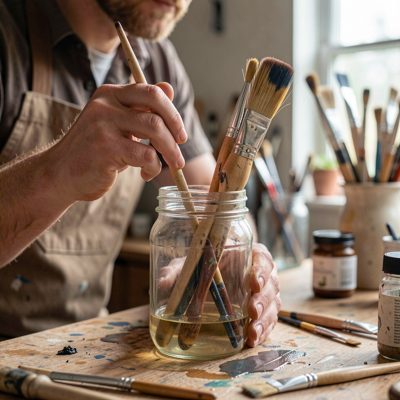 an artist cleaning brushes in a jar of solvent