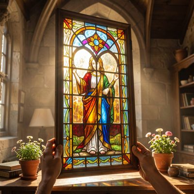 a stained glass panel held up to the light