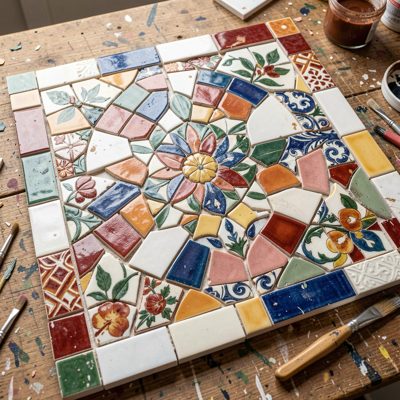 a mosaic being assembled from cut tiles