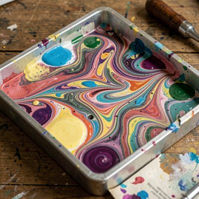 a paper marbling tray with swirled inks