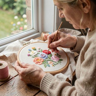a person embroidering a hoop by a window