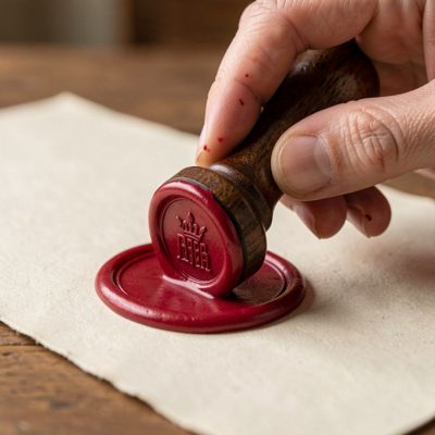 a hand stamping a wax seal onto paper