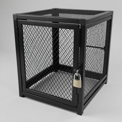a rack cage with a mesh door and a padlock