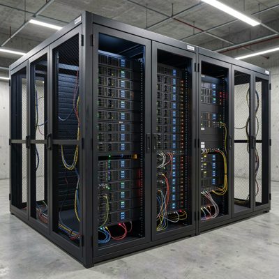 a colocation cage containing several separate racks