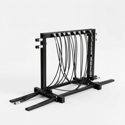 a rack with cable management arms extended at the rear
