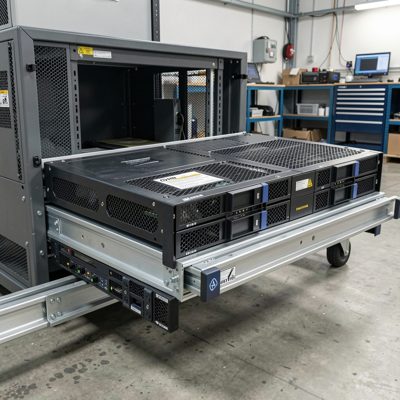 a server slid out on its rails for service