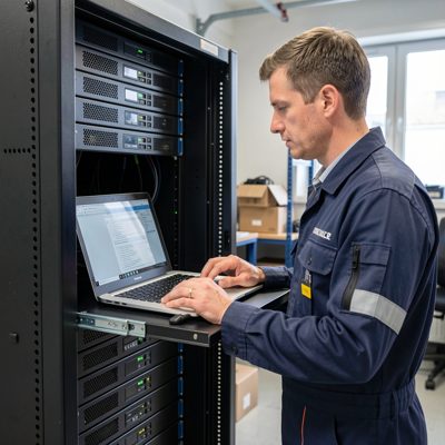 a technician at a rack with a laptop on a pull out shelf