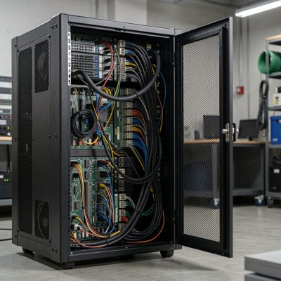 a rack door open showing dense cabling inside