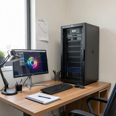 a tower server beside a desk in a small office