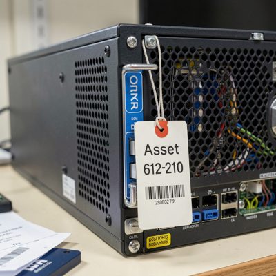 a server being labelled with an asset tag