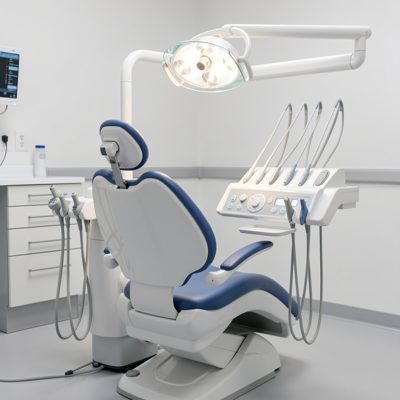 a dental chair with a light above it