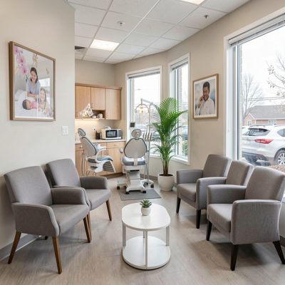 a waiting area in a dental clinic