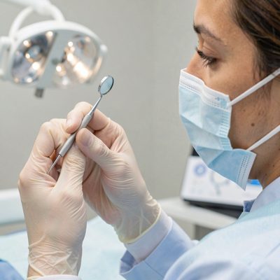 a dentist holding a small mirror and probe