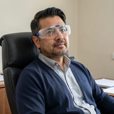 a patient in a chair wearing protective glasses