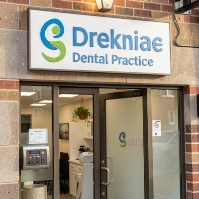 a dental practice sign above a door