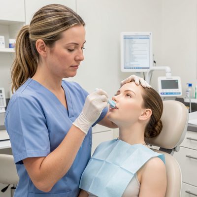 a hygienist demonstrating brushing with a model