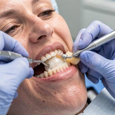dentist placing a temporary crown on a tooth