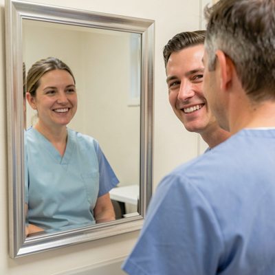 post-surgery patient smiling at reflection in mirror