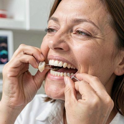 patient trying on provisional dentures for fit assessment