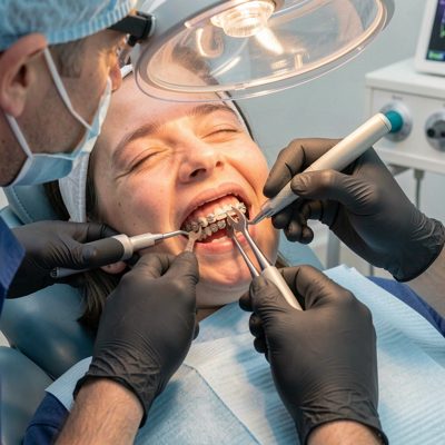 orthodontist adjusting braces with handtools and light
