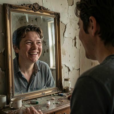 aftermath: patient smiling at mirror