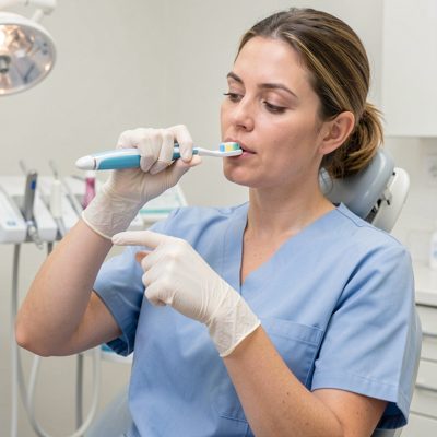 hygienist demonstrating proper brushing technique
