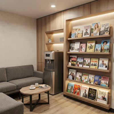 waiting area with magazines and water dispenser