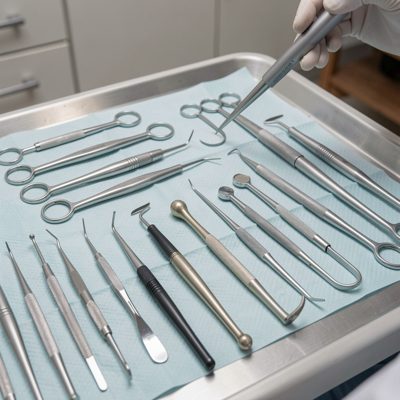 dental surgery showing various instruments laid out